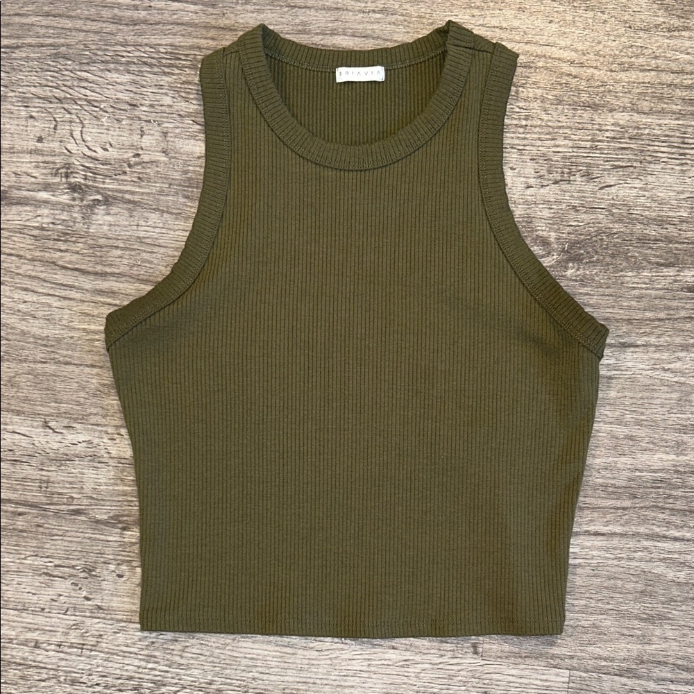 BRIAVIA Olive Green Ribbed Crop Tank Top Racerback Fitted Stretch Basic Size L